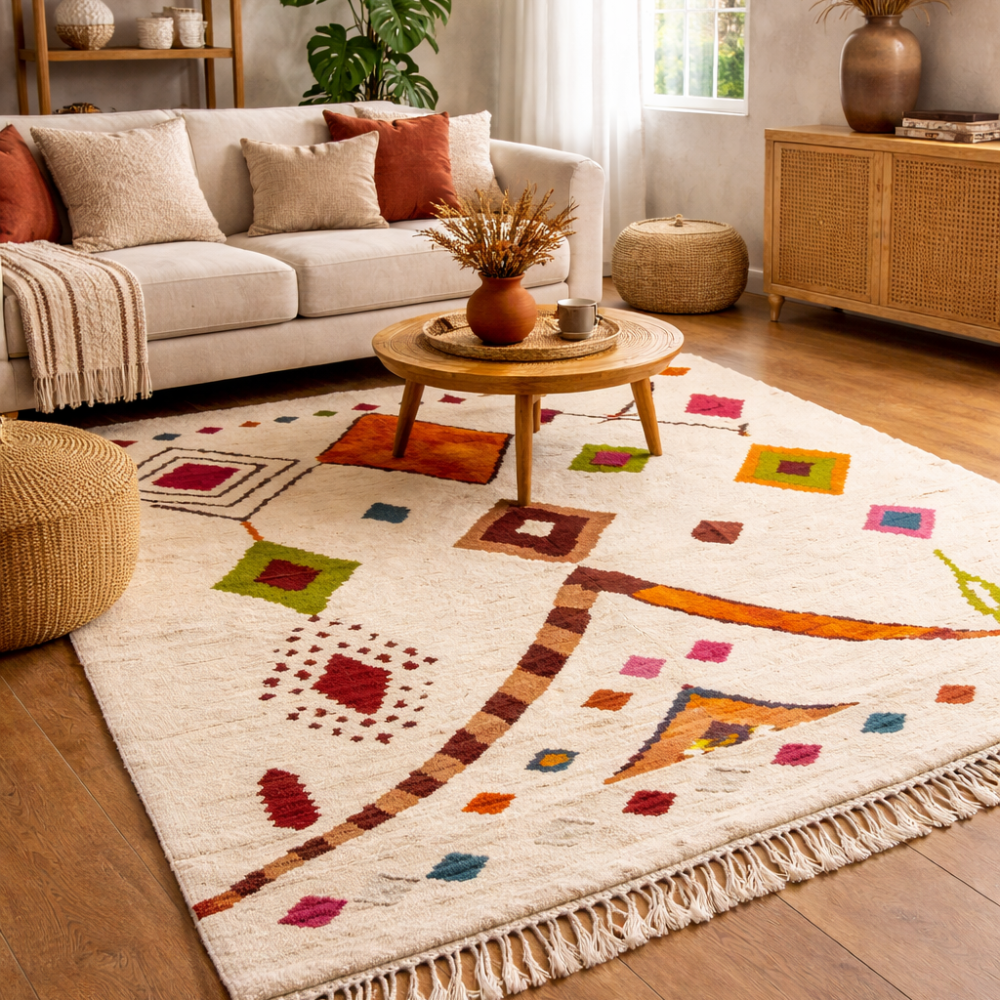 Tapis Azilal en Laine à Motifs Graphiques Multicolores