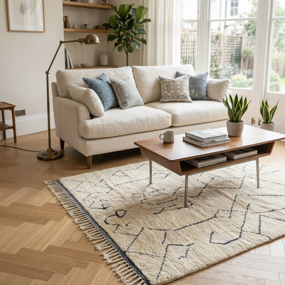Tapis Berbère Artisanal Béni Ouarain, Noir et Crème