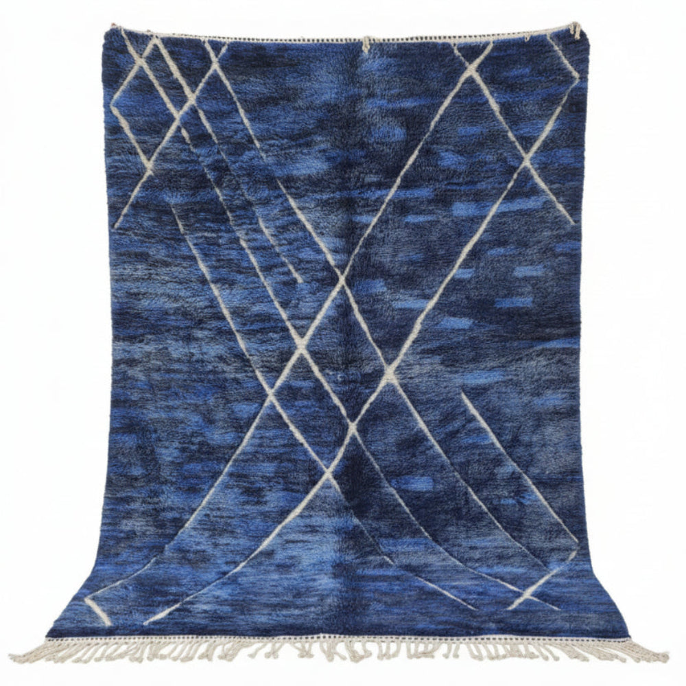 Tapis Berbère Azilal Bleu Indigo Motifs Géométriques Blancs Laine Fait Main
