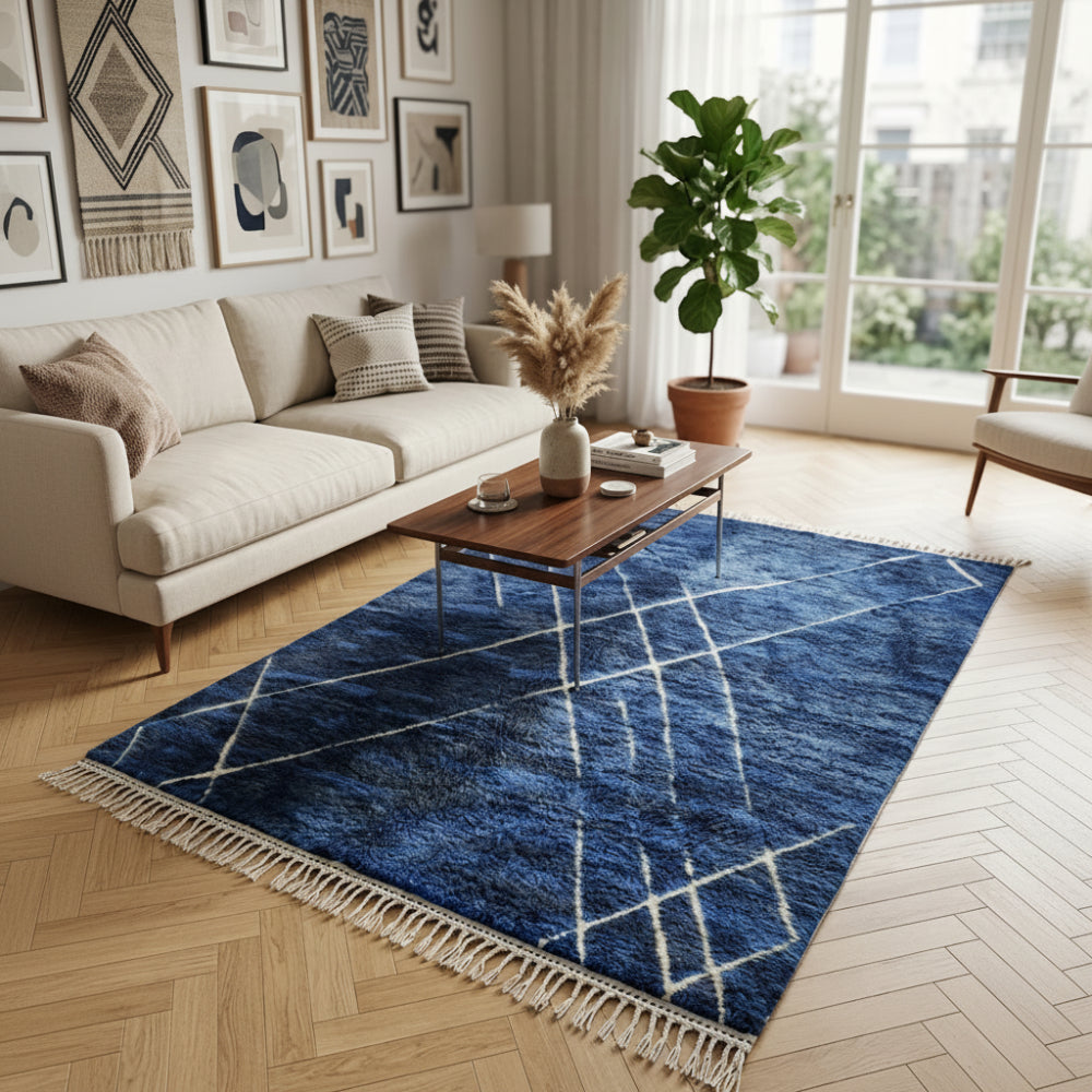 Tapis Berbère Azilal Bleu Indigo Motifs Géométriques Blancs Laine Fait Main