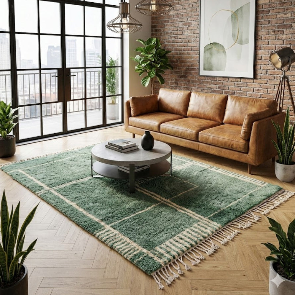 Tapis Berbère Azilal Vert Céladon à Motifs Géométriques Fait Main