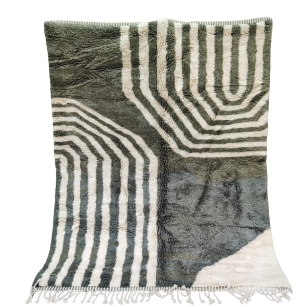 Tapis Berbère Azilal Vert et Crème à Rayures Géométriques Fait Main