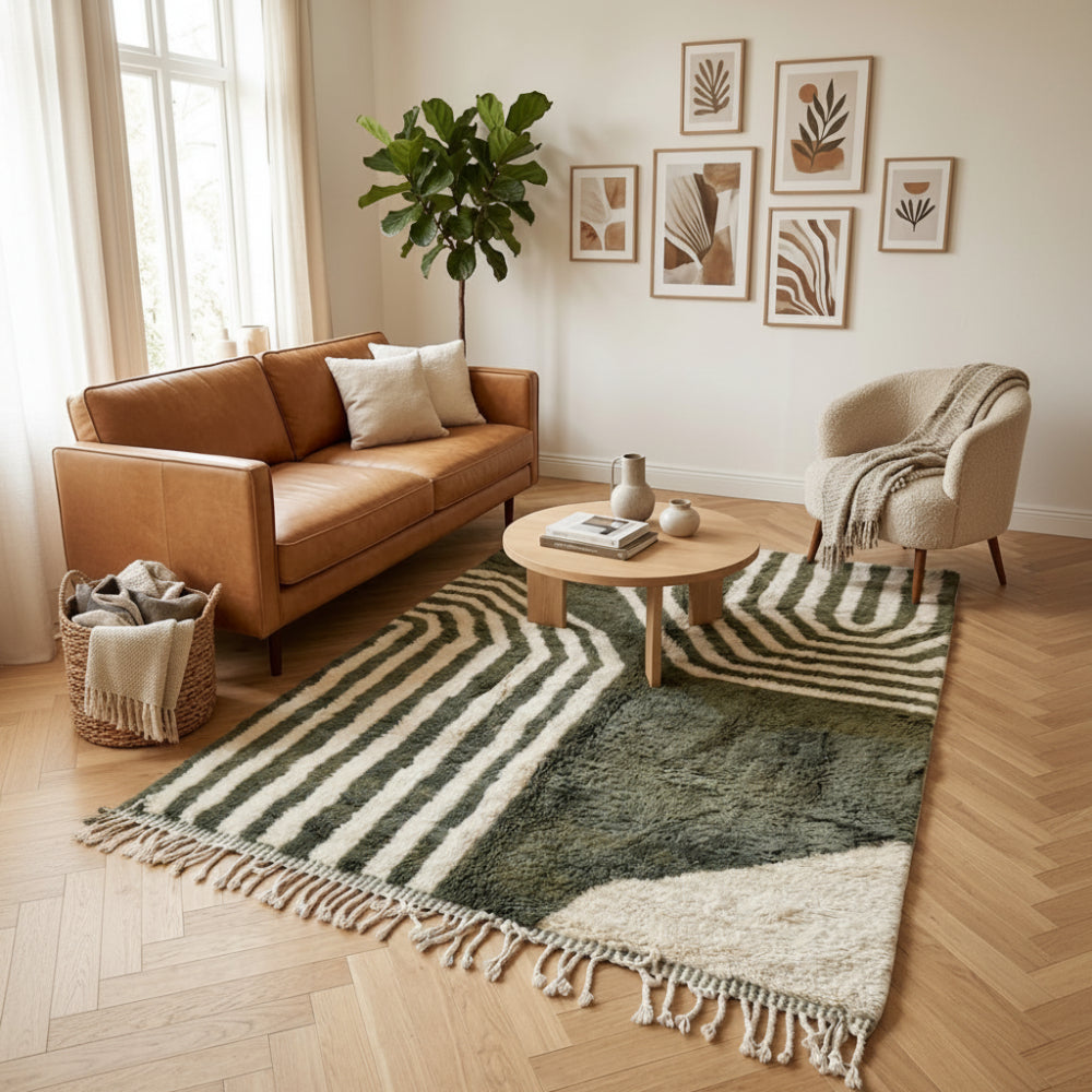 Tapis Berbère Azilal Vert et Crème à Rayures Géométriques Fait Main