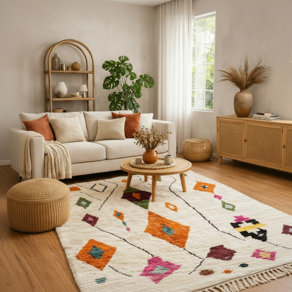 Tapis Berbère Azilal écru à Losanges Multicolores Fait Main