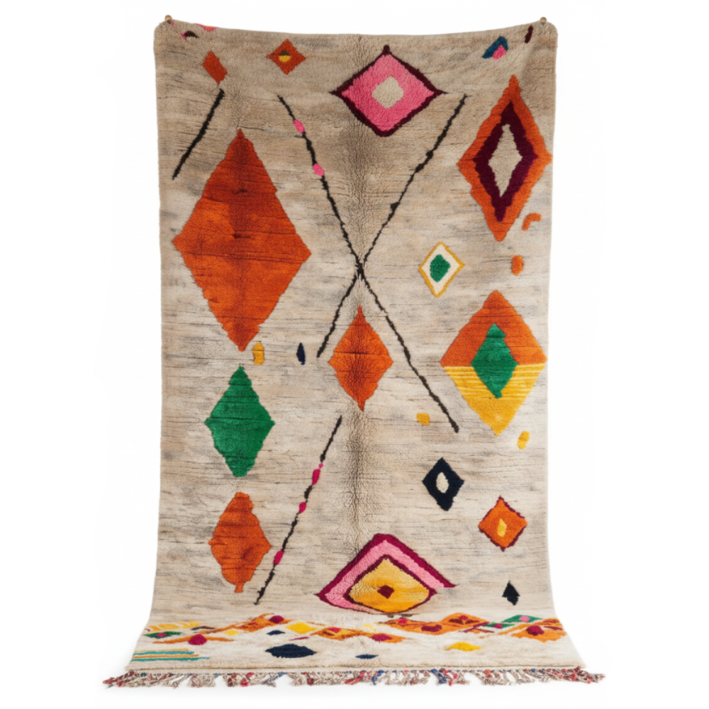 Tapis Berbère Azilal écru Motifs Géométriques Laine Fait Main