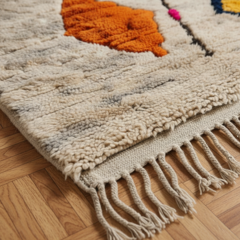Tapis Berbère Azilal écru Motifs Géométriques Laine Fait Main