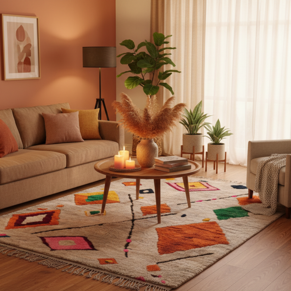 Tapis Berbère Azilal écru Motifs Géométriques Laine Fait Main
