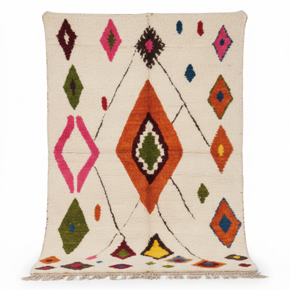 Tapis Berbère Azilal en Laine Beige à Motifs Losanges Colorés