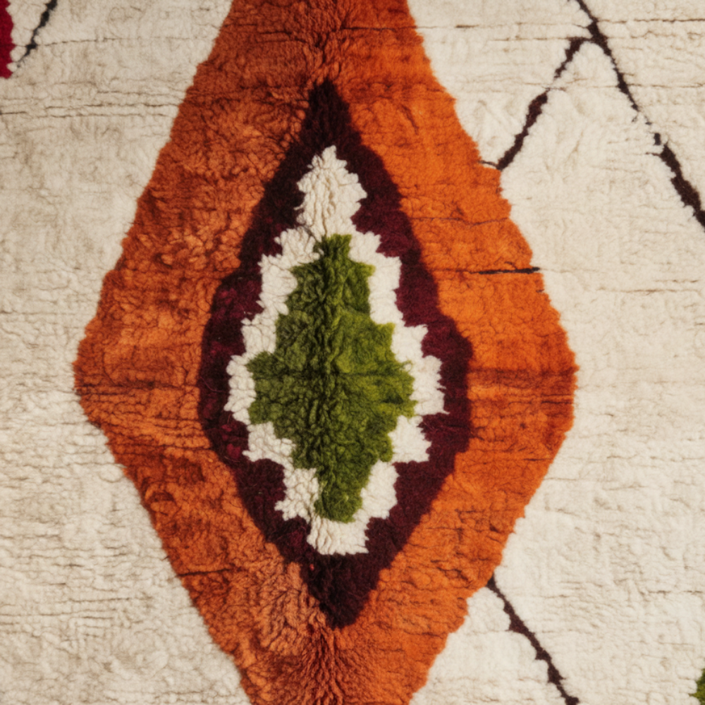 Tapis Berbère Azilal en Laine Beige à Motifs Losanges Colorés