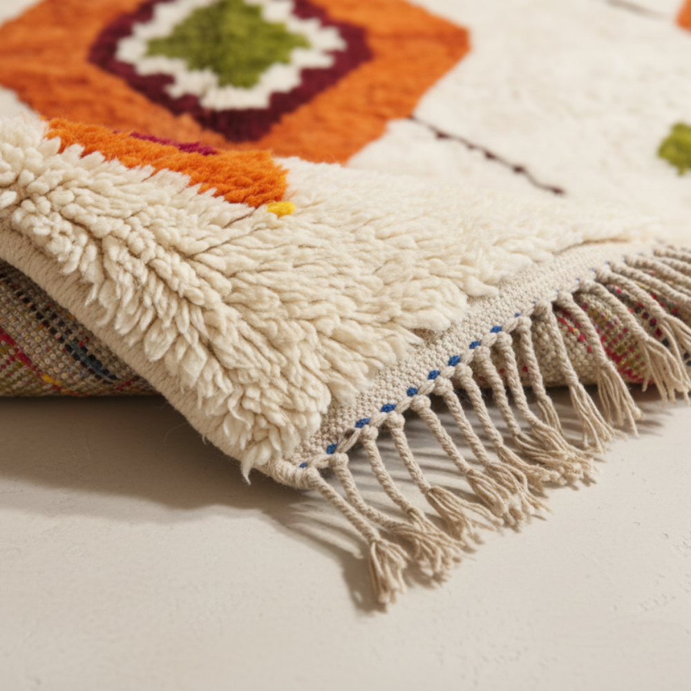 Tapis Berbère Azilal en Laine Beige à Motifs Losanges Colorés