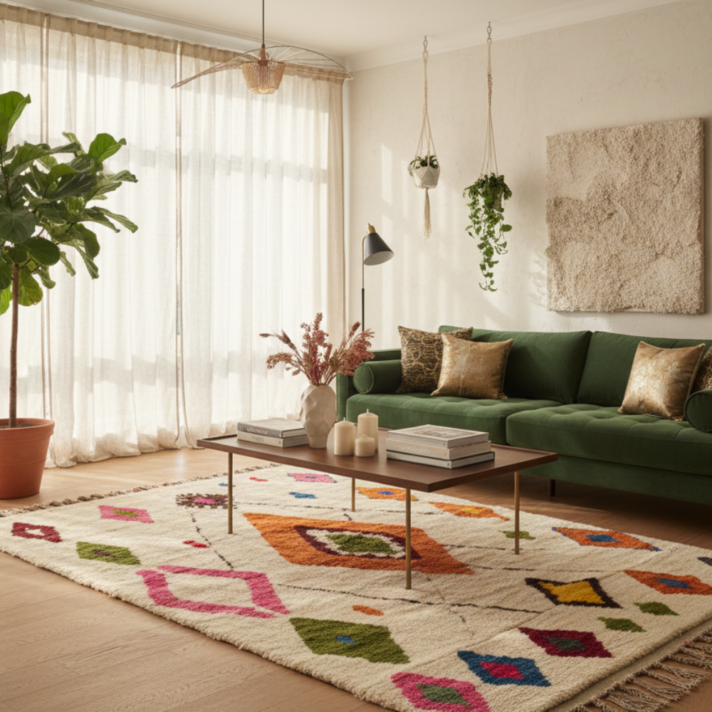 Tapis Berbère Azilal en Laine Beige à Motifs Losanges Colorés