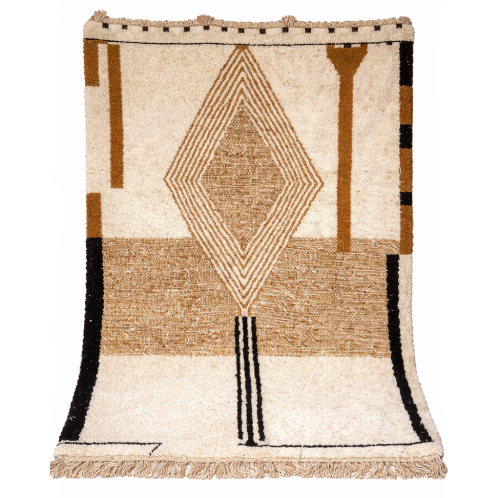 Tapis Berbère Azilal en Laine Ecrue à Losange Beige et Noir