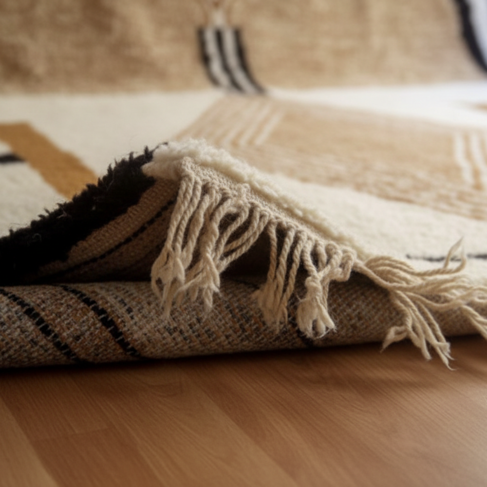 Tapis Berbère Azilal en Laine Ecrue à Losange Beige et Noir
