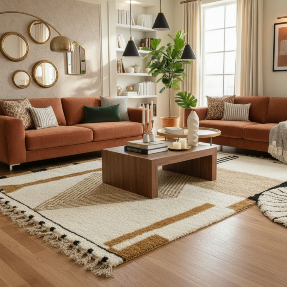 Tapis Berbère Azilal en Laine Ecrue à Losange Beige et Noir