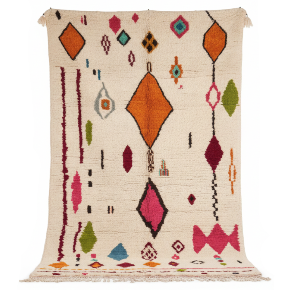 Tapis Berbère Azilal en Laine Ecrue à Motifs Colorés