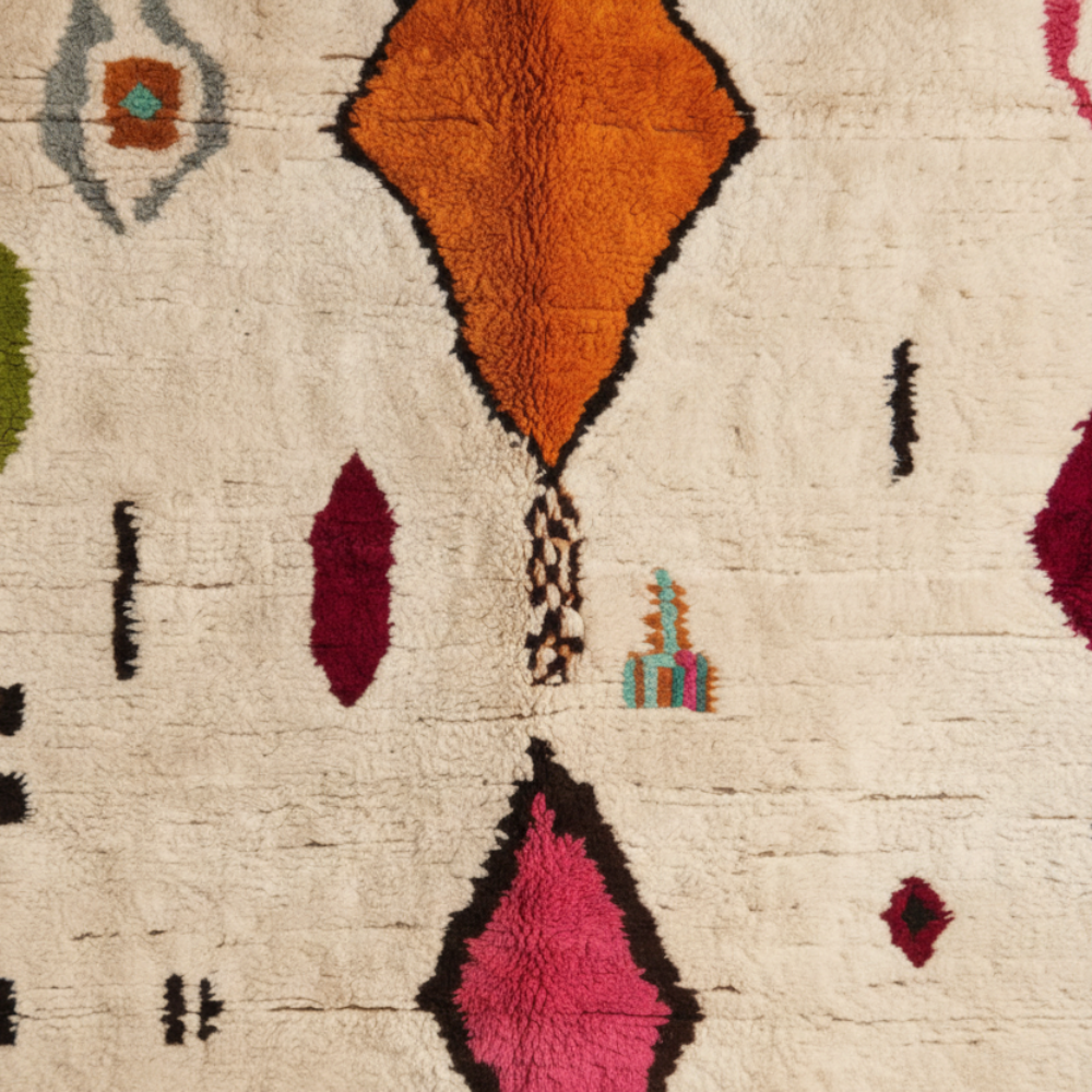 Tapis Berbère Azilal en Laine Ecrue à Motifs Colorés