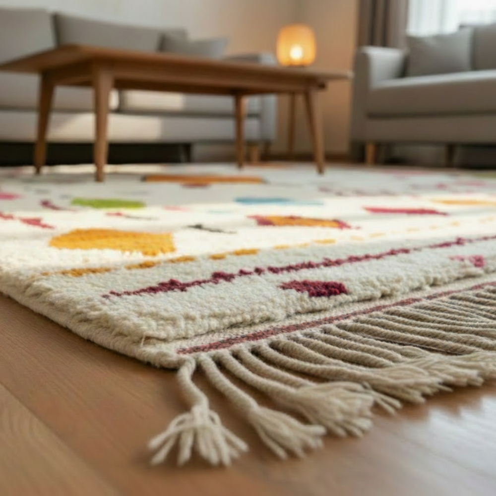 Tapis Berbère Azilal en Laine Ecrue à Motifs Colorés