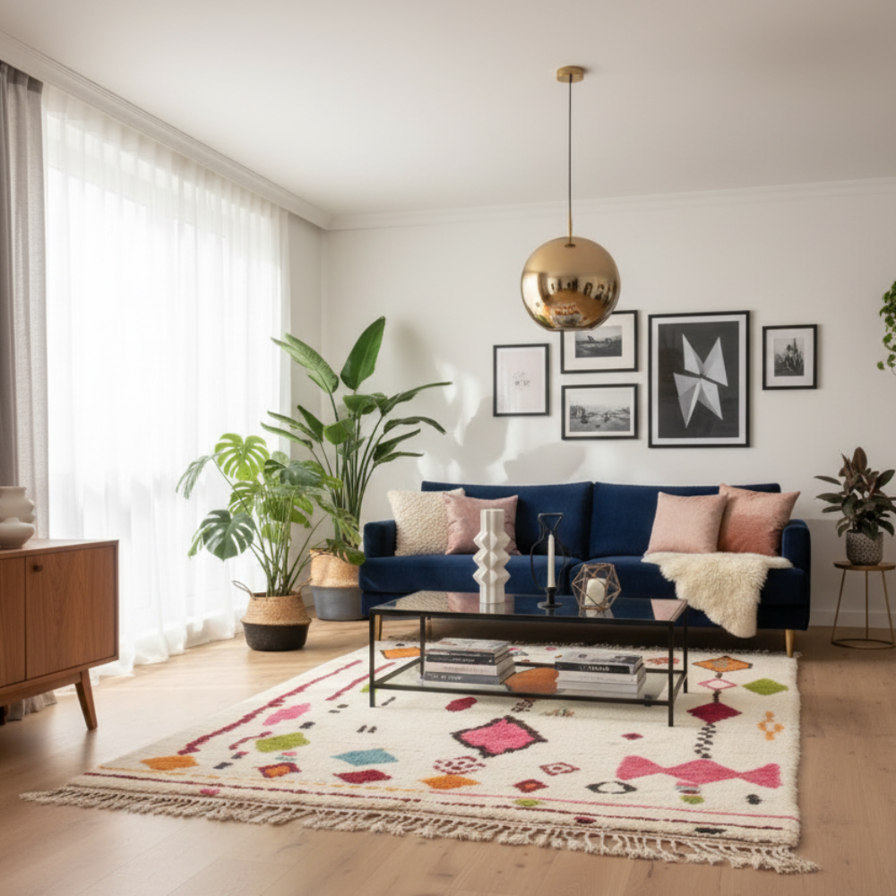 Tapis Berbère Azilal en Laine Ecrue à Motifs Colorés