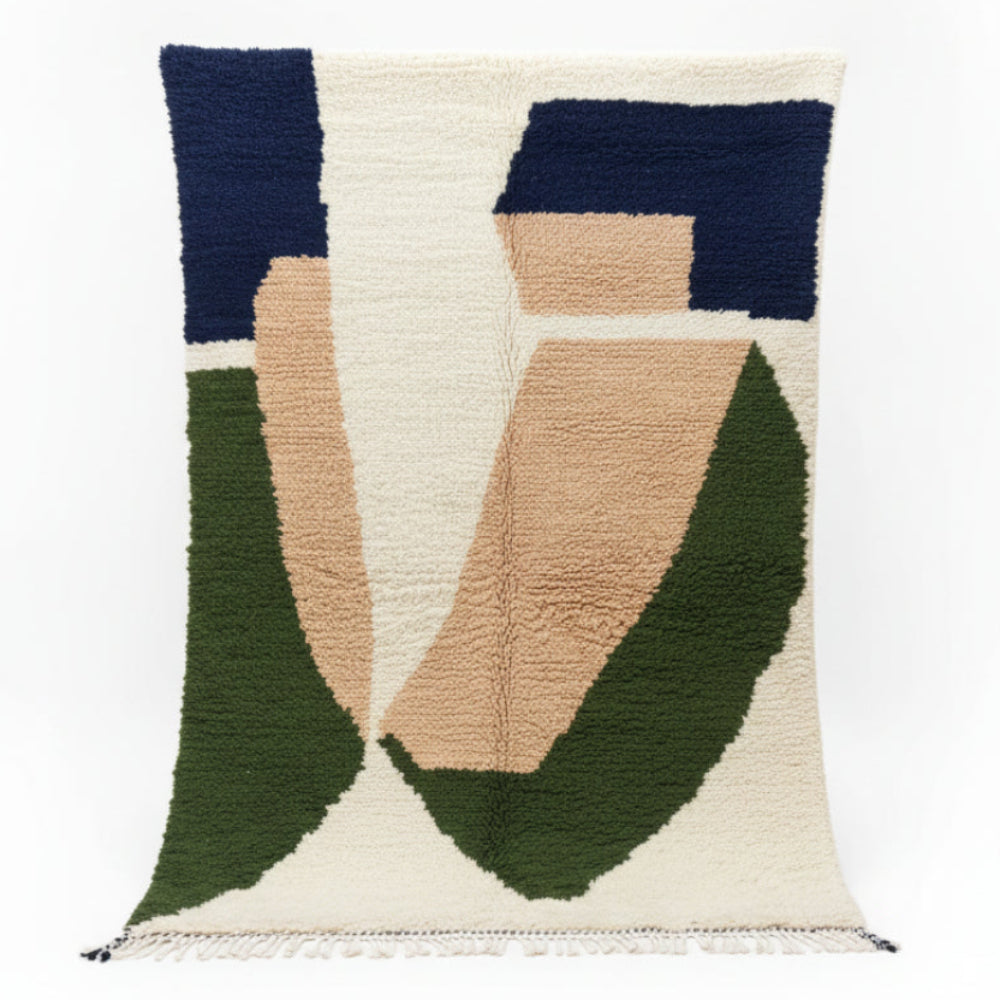 Tapis Berbère Azilal en Laine à Motifs Abstraits Bleu, Rose et Vert