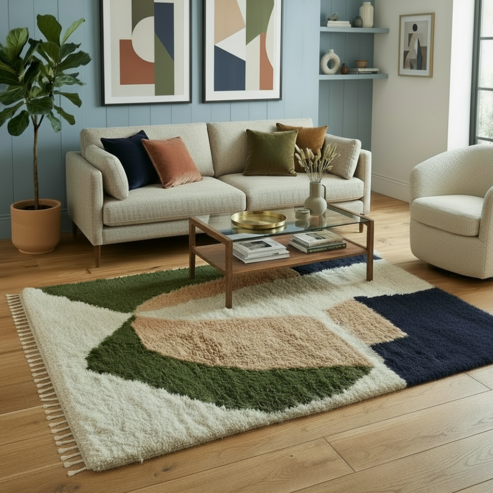 Tapis Berbère Azilal en Laine à Motifs Abstraits Bleu, Rose et Vert