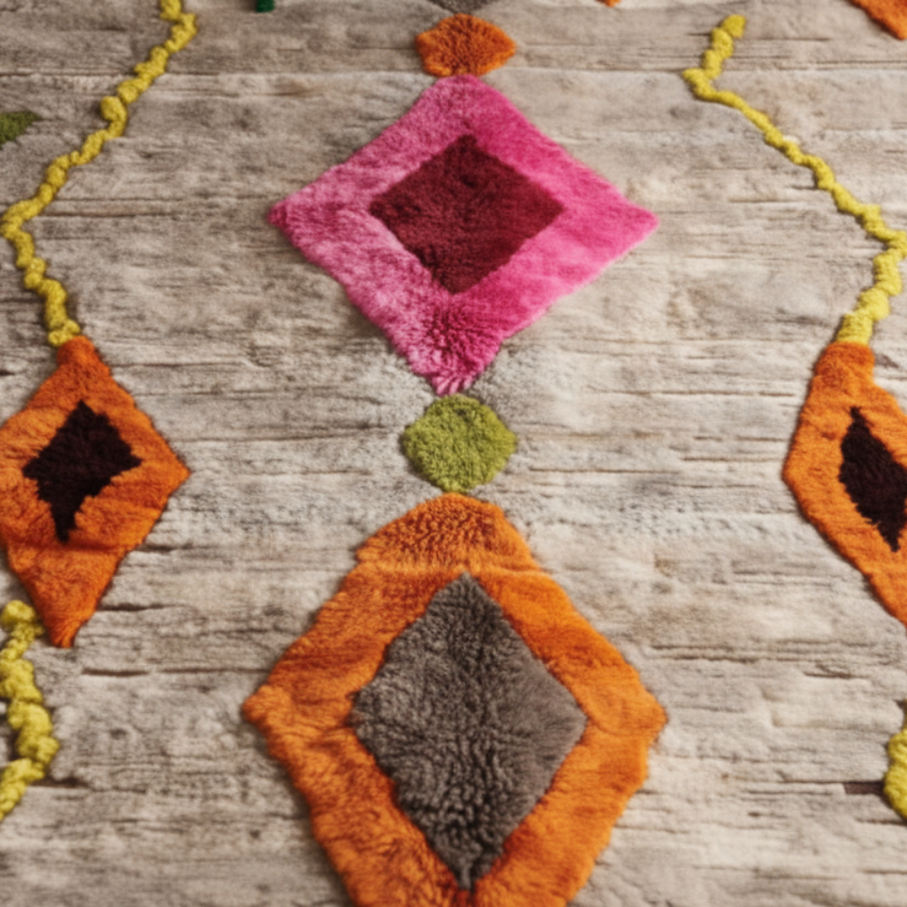 Tapis Berbère Azilal en Laine à Motifs Colorés sur Fond Neutre