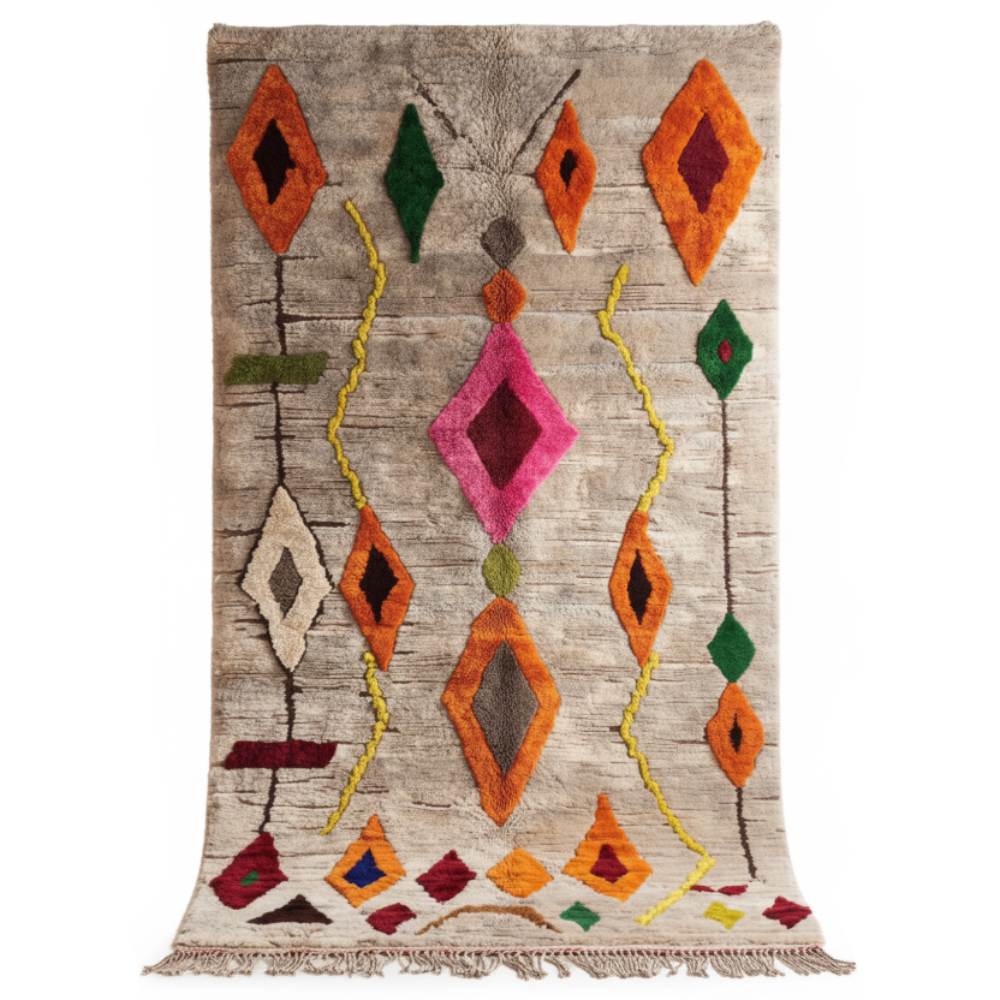 Tapis Berbère Azilal en Laine à Motifs Colorés sur Fond Neutre