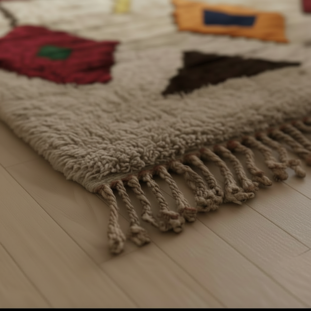 Tapis Berbère Azilal en Laine à Motifs Colorés sur Fond Neutre