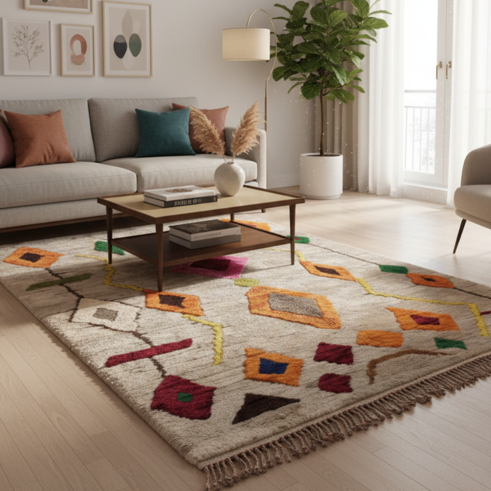 Tapis Berbère Azilal en Laine à Motifs Colorés sur Fond Neutre