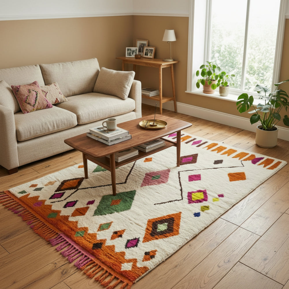 Tapis Berbère Azilal en Laine à Motifs Géométriques Colorés
