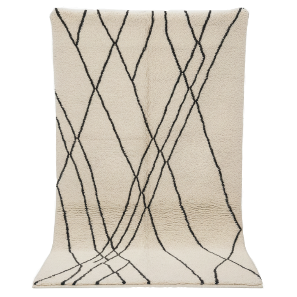 Tapis Berbère Béni Ouarain Écru à Lignes Noires Sur Fond Crème Fait Main