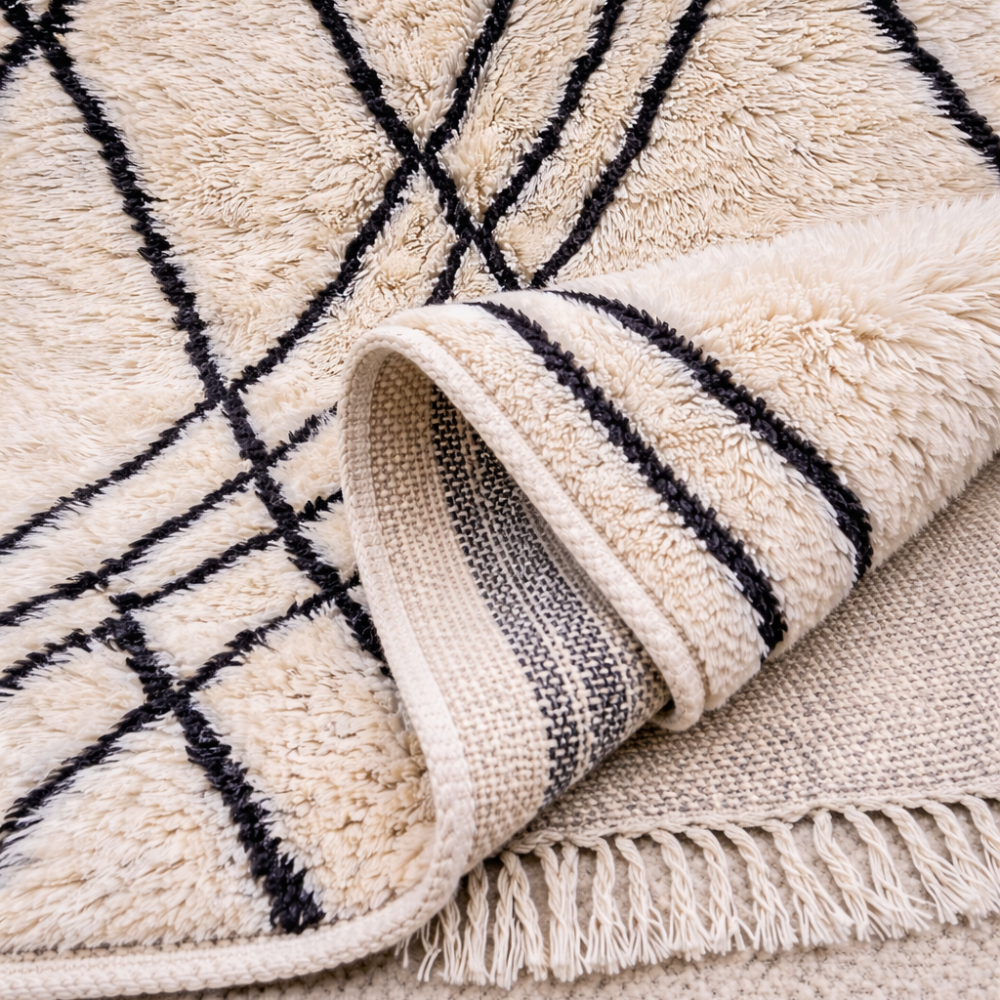 Tapis Berbère Béni Ouarain Écru à Lignes Noires Sur Fond Crème Fait Main