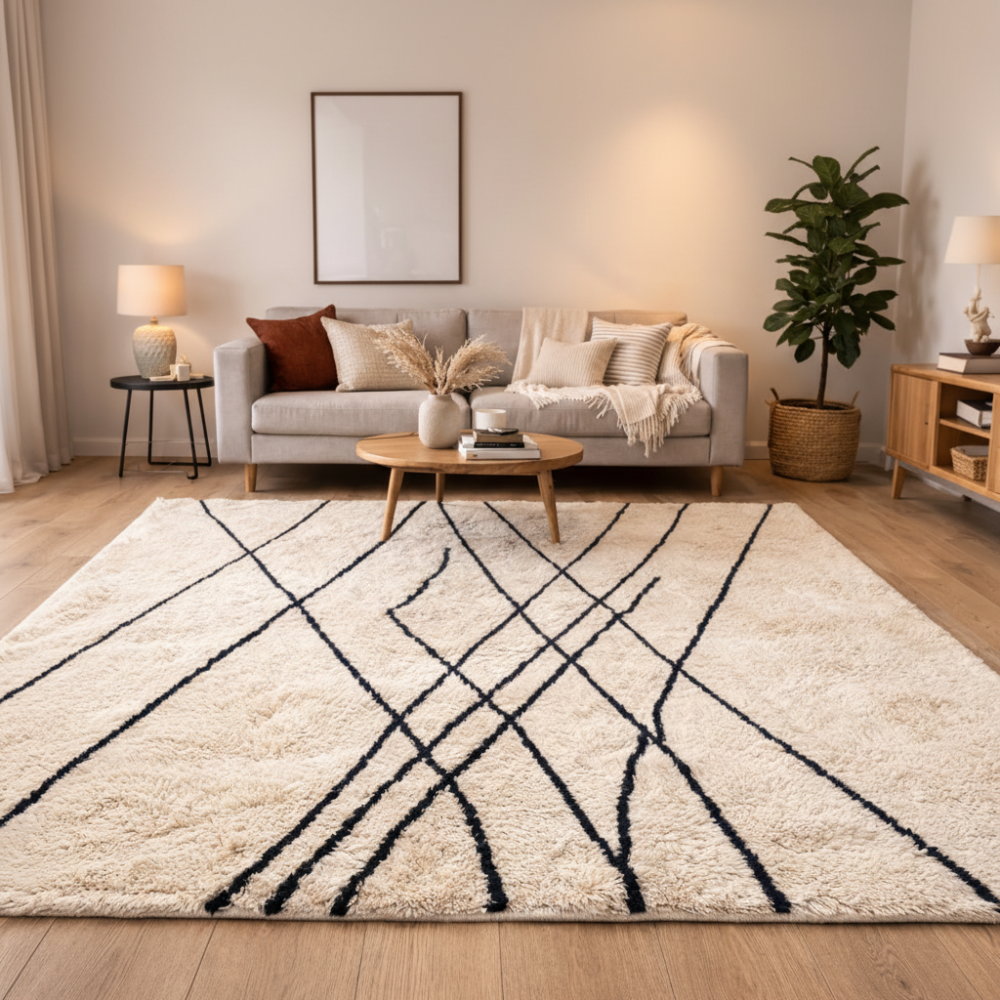 Tapis Berbère Béni Ouarain Écru à Lignes Noires Sur Fond Crème Fait Main