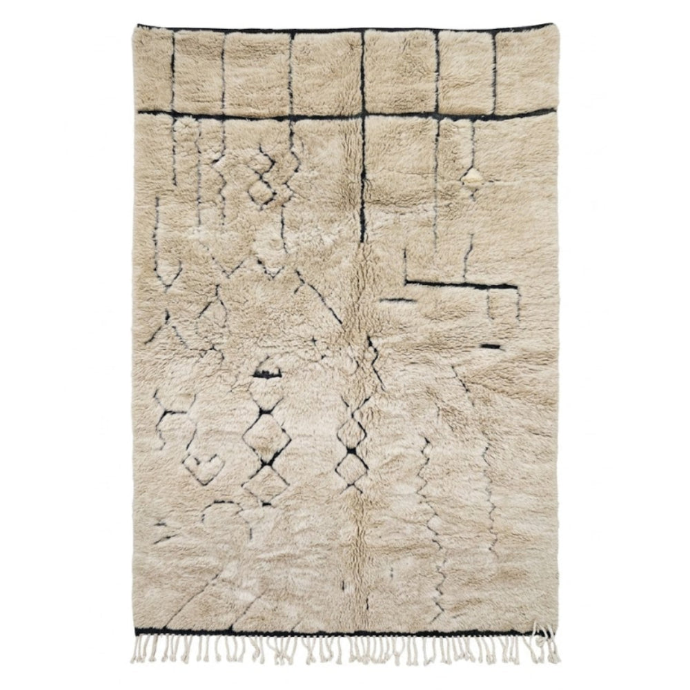Tapis Berbère Beni Ouarain – Laine Naturelle et Motifs Noirs