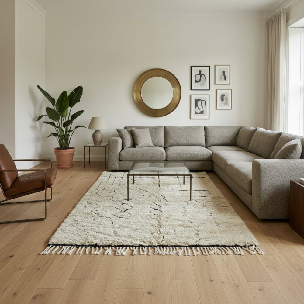 Tapis Berbère Beni Ouarain – Laine Naturelle et Motifs Noirs