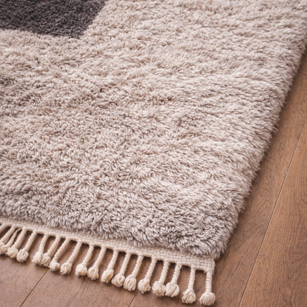 Tapis Berbère Beni Ourain Fait Main – Laine Naturelle Gris Foncé et Crème