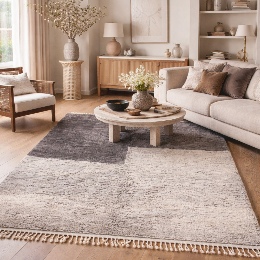 Tapis Berbère Beni Ourain Fait Main – Laine Naturelle Gris Foncé et Crème