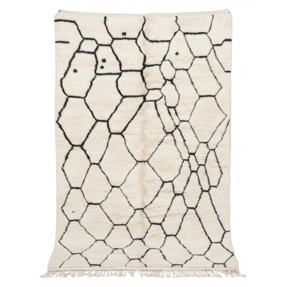 Tapis Berbère Beni Ourain Fait Main – Motif Nid d’Abeille Noir