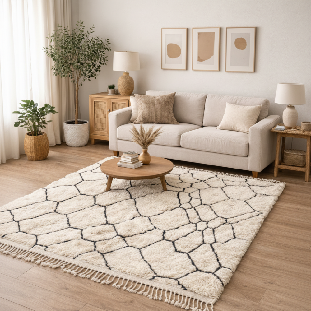 Tapis Berbère Beni Ourain Fait Main – Motif Nid d’Abeille Noir