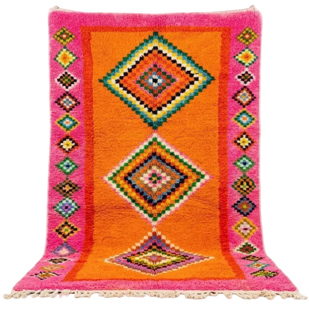 Tapis Berbère Boujad Artisanal – Orange Fuchsia, Losanges Berbères Multicolores