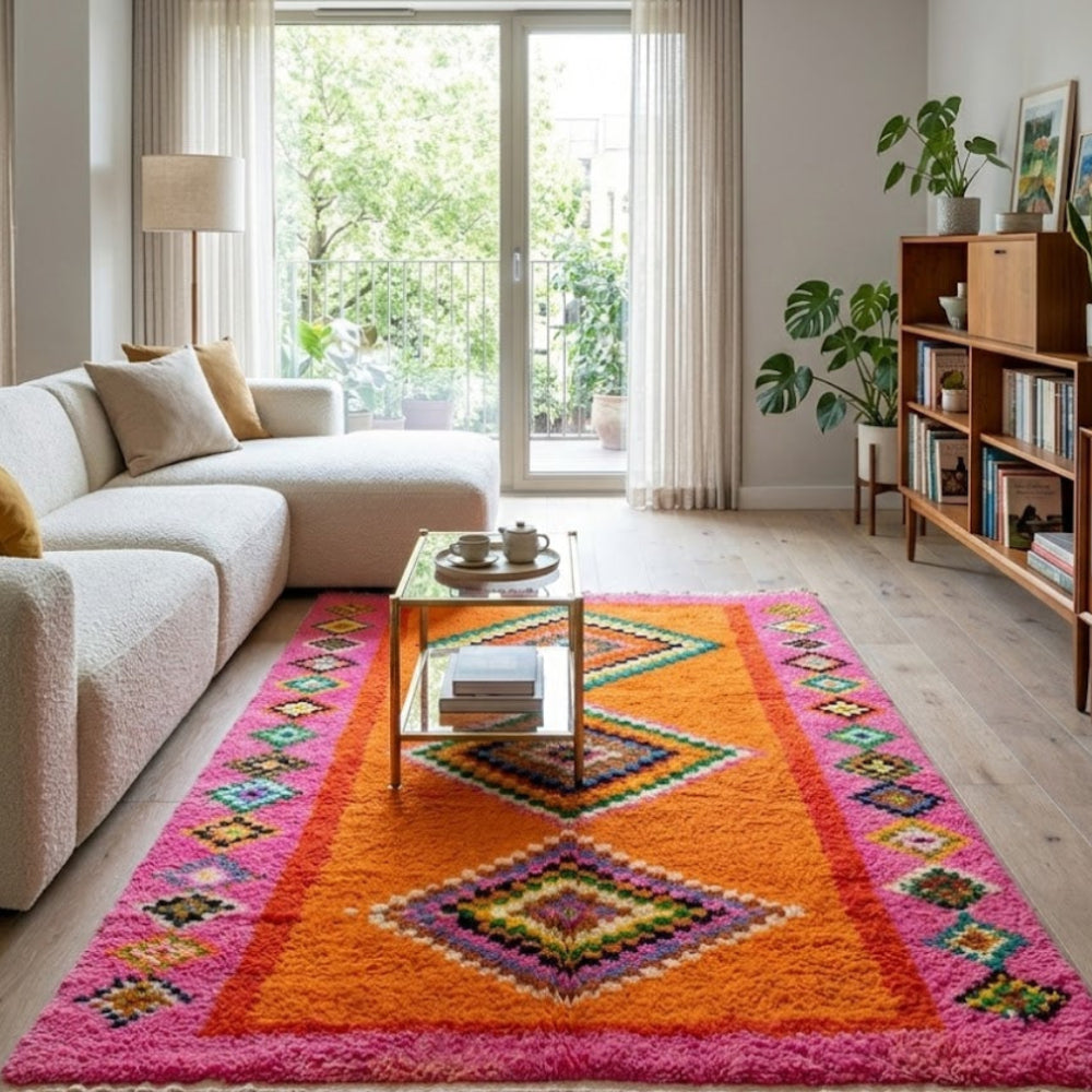 Tapis Berbère Boujad Artisanal – Orange Fuchsia, Losanges Berbères Multicolores