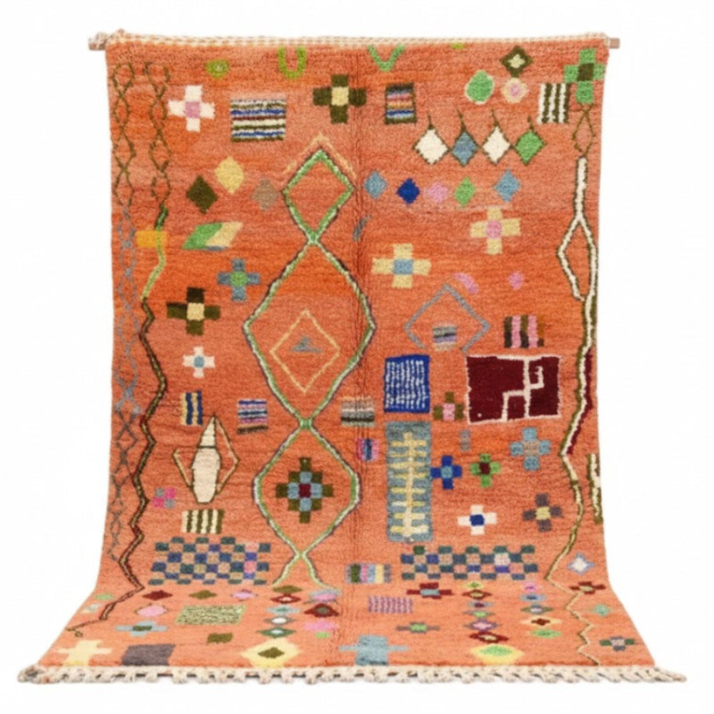Tapis Berbère Boujad Fait Main – Orange Vif, Motifs Tribaux Émeraude et Bleu Roi