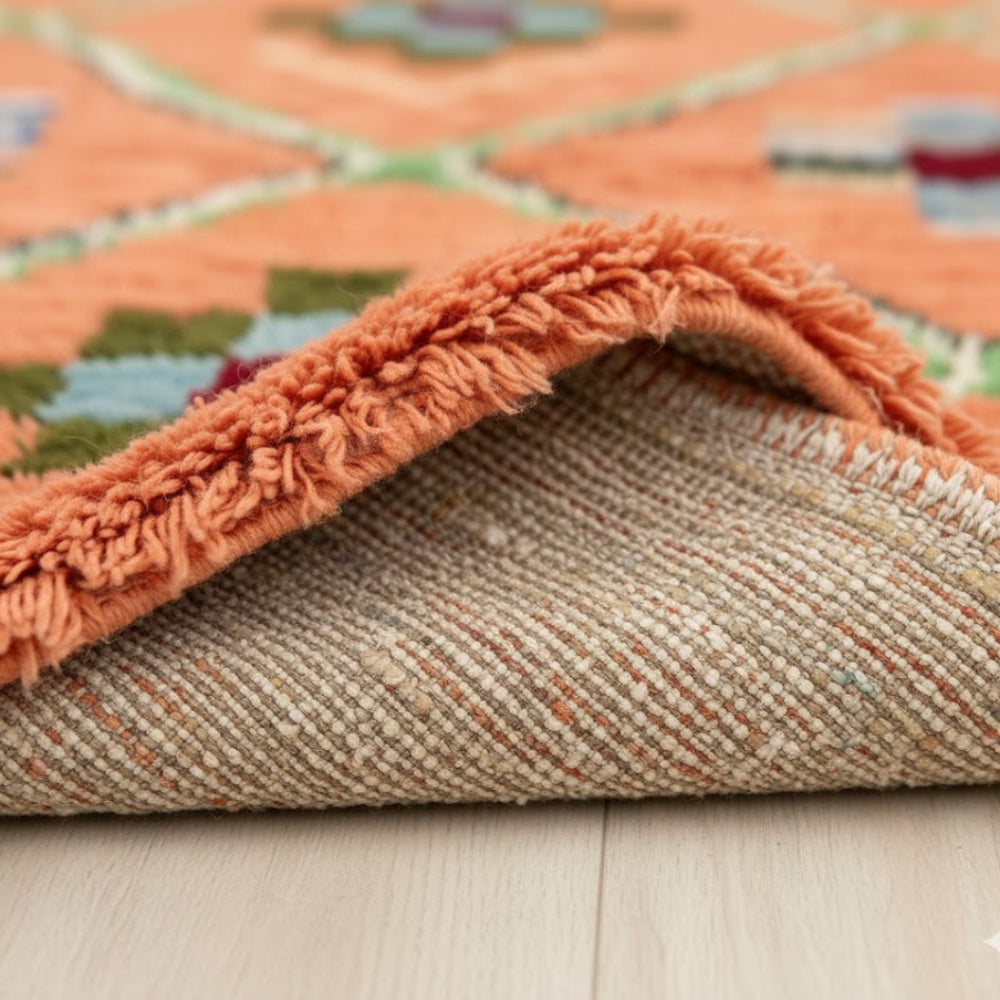 Tapis Berbère Boujad Fait Main – Orange Vif, Motifs Tribaux Émeraude et Bleu Roi