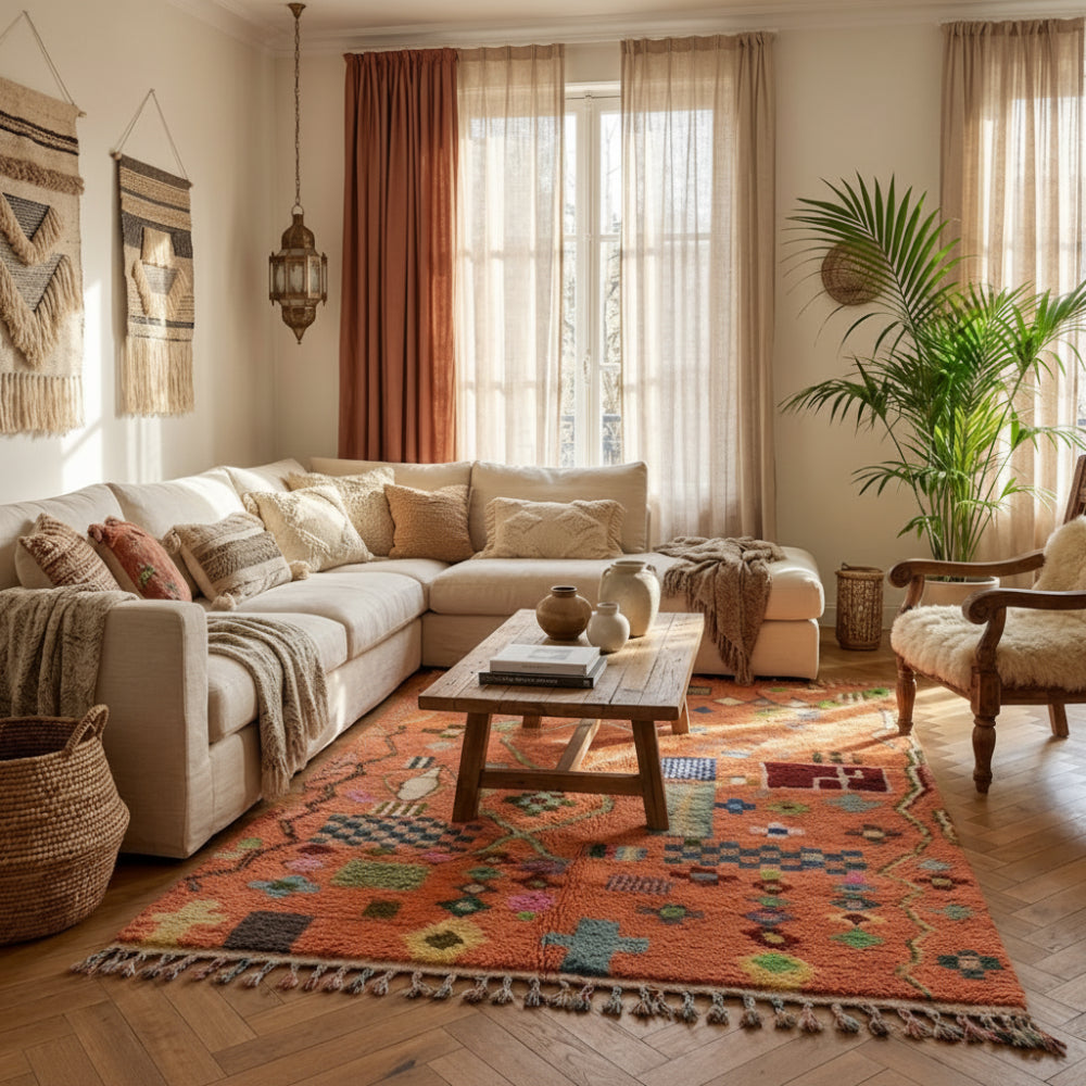 Tapis Berbère Boujad Fait Main – Orange Vif, Motifs Tribaux Émeraude et Bleu Roi