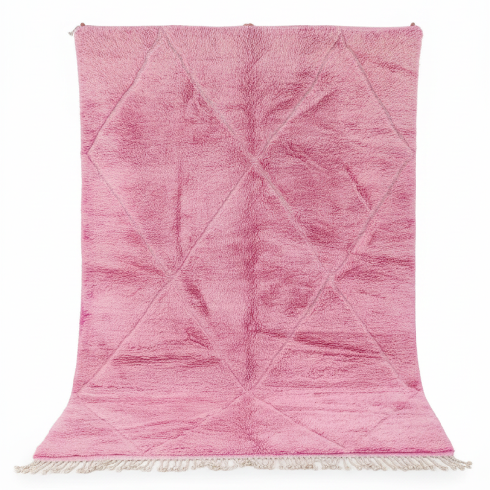 Tapis Berbère Boujad Tissé Main – Laine Naturelle Rose Motifs Berbères