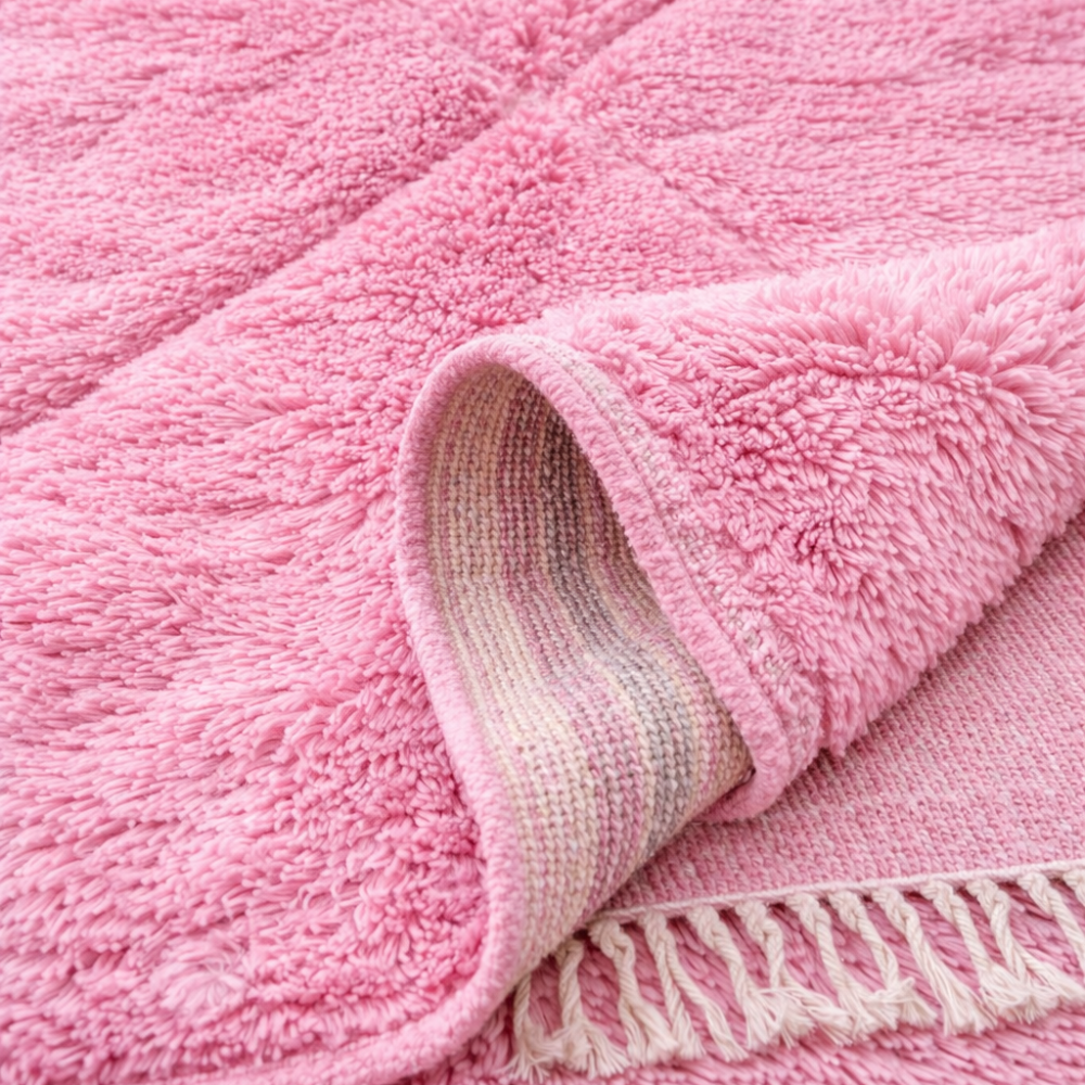 Tapis Berbère Boujad Tissé Main – Laine Naturelle Rose Motifs Berbères