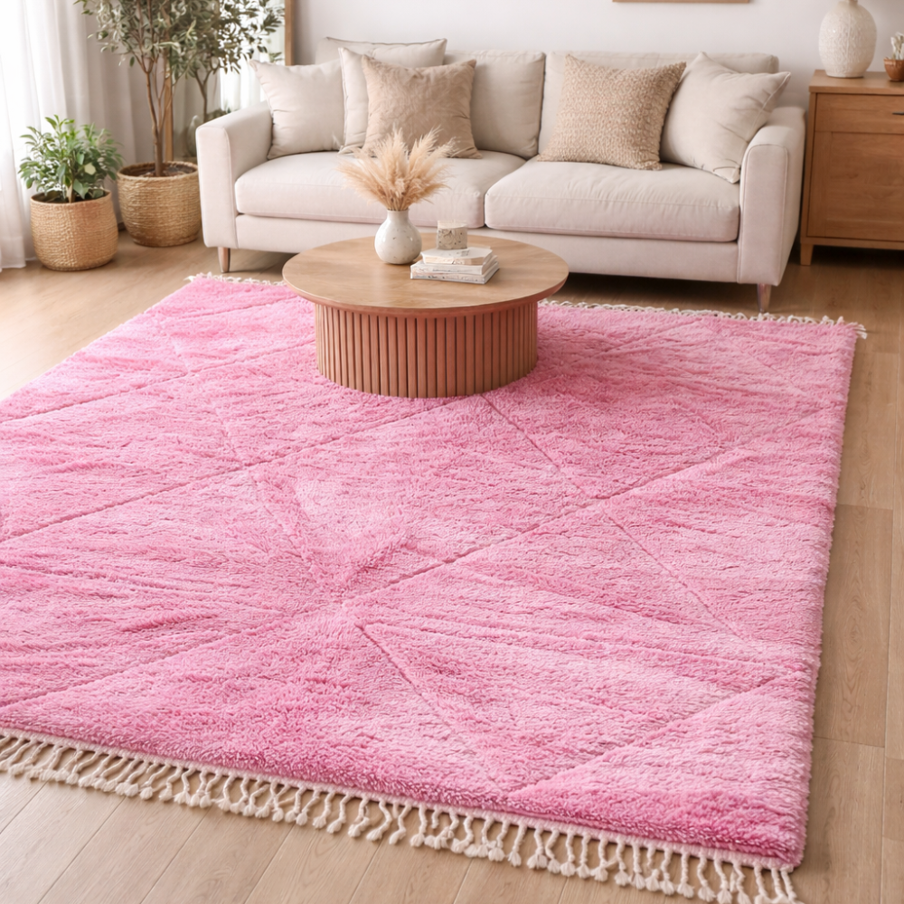 Tapis Berbère Boujad Tissé Main – Laine Naturelle Rose Motifs Berbères