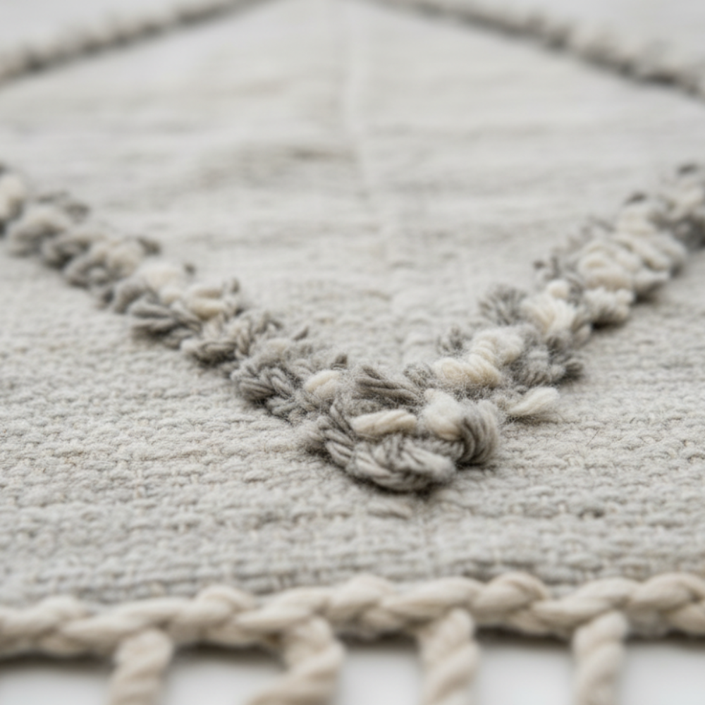 Tapis Berbère Zanafi Marocain Tissé Main – Losanges en Relief Laine Naturelle Blanc Cassé