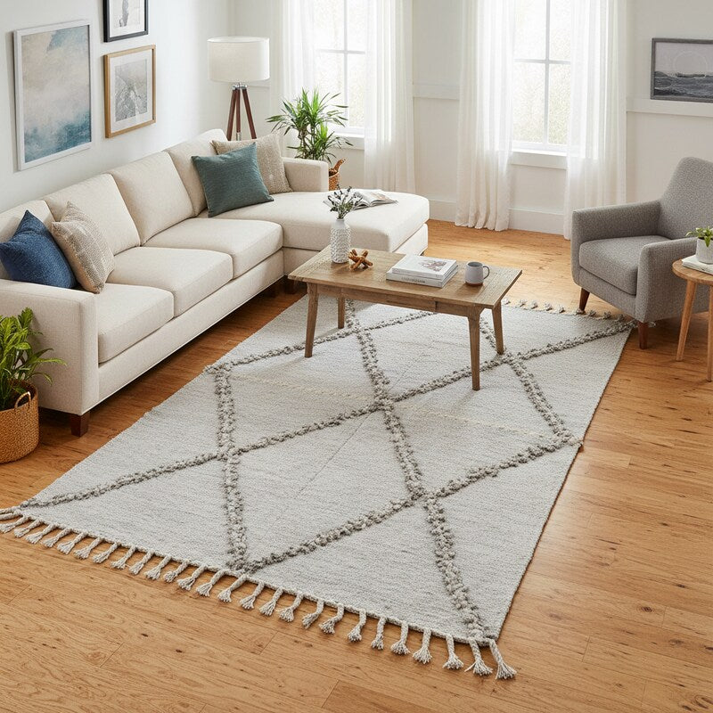 Tapis Berbère Zanafi Marocain Tissé Main – Losanges en Relief Laine Naturelle Blanc Cassé