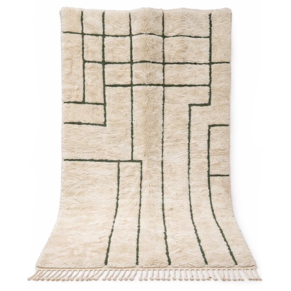 Tapis Berbère en Laine Béni Ouarain, Vert et Crème