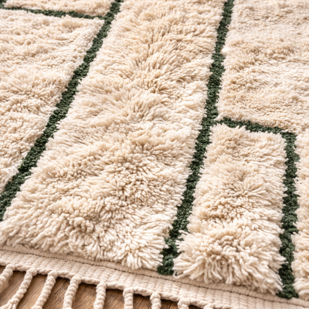 Tapis Berbère en Laine Béni Ouarain, Vert et Crème